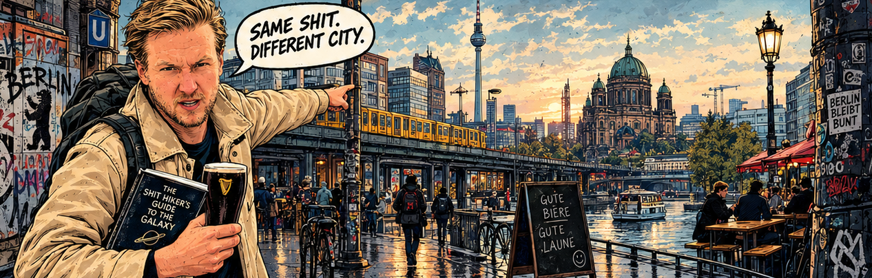 Comic-Timm zeigt auf das Berliner Spreeufer mit Fernsehturm und Dom: Same shit. Different city.